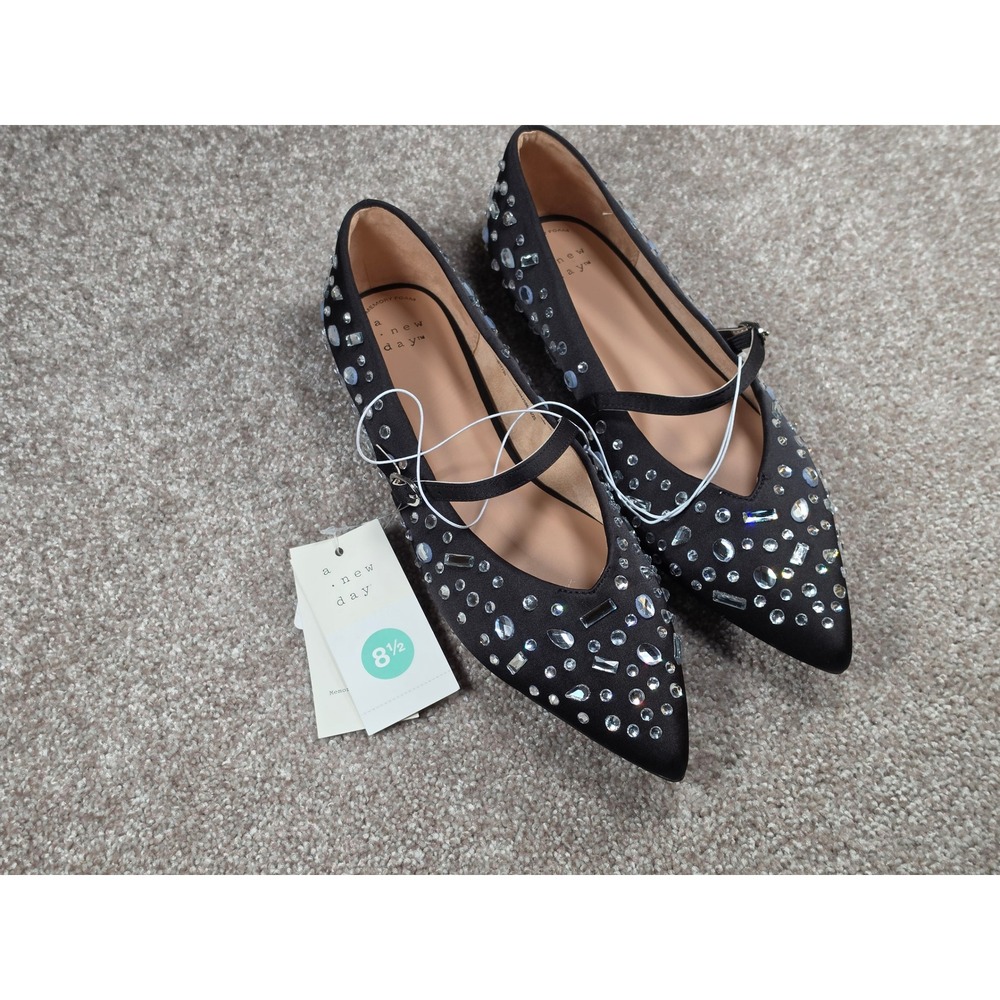 A New Day Gabriella Jet Black Rhinestone Pointed Toe Mary Jane Flats Mens 8.5